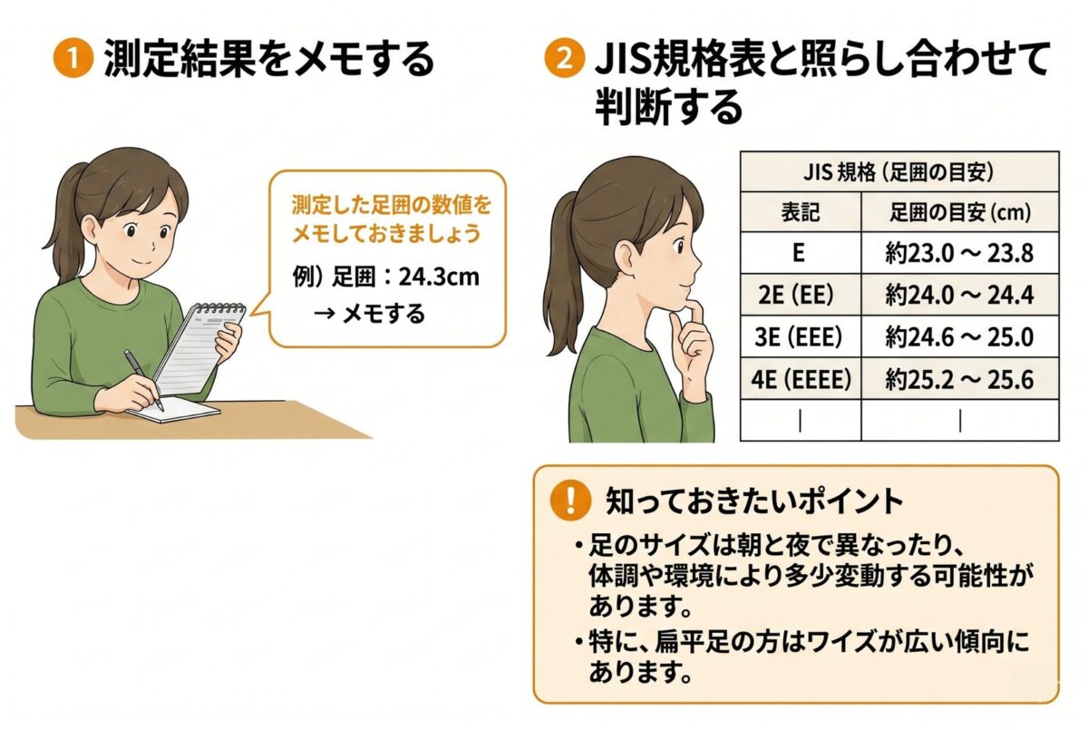 測定結果をメモし、JIS規格表と照らし合わせる