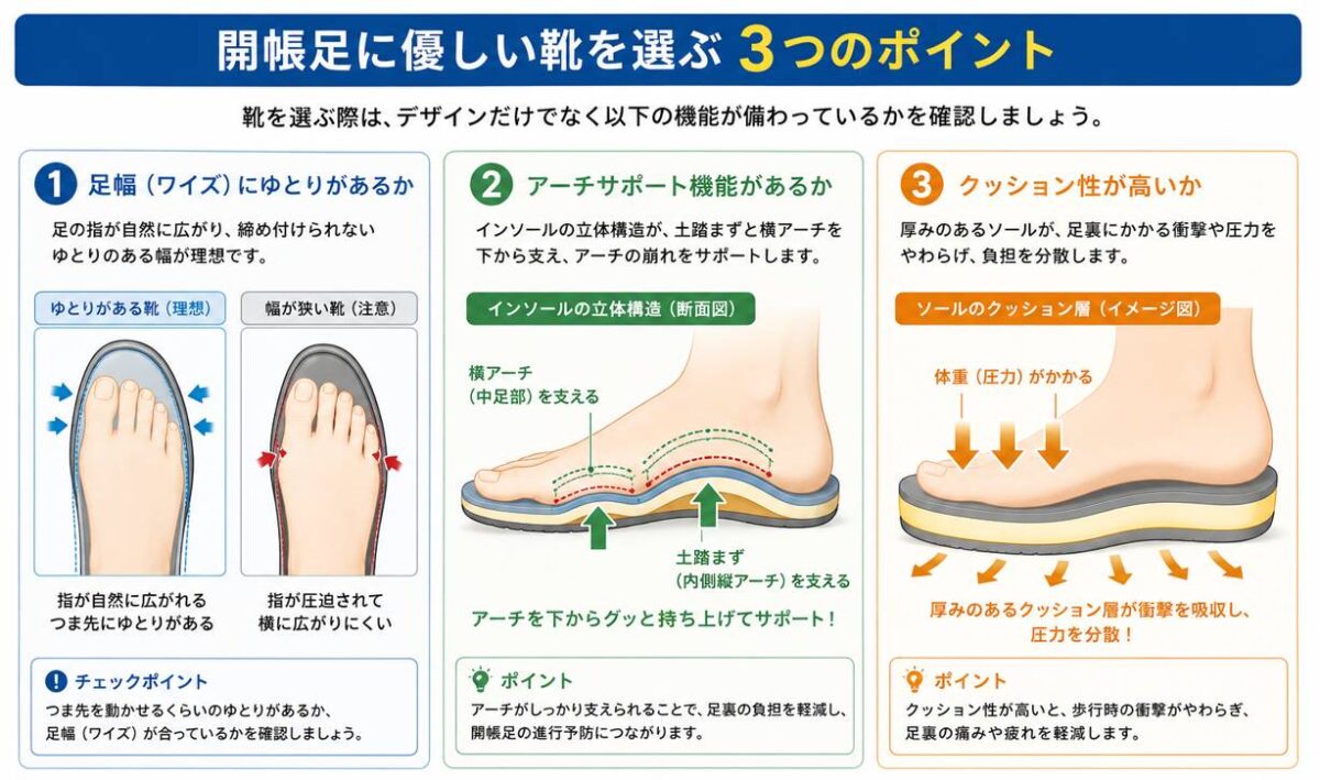 開張足にやさしい靴を選ぶ3つのポイント